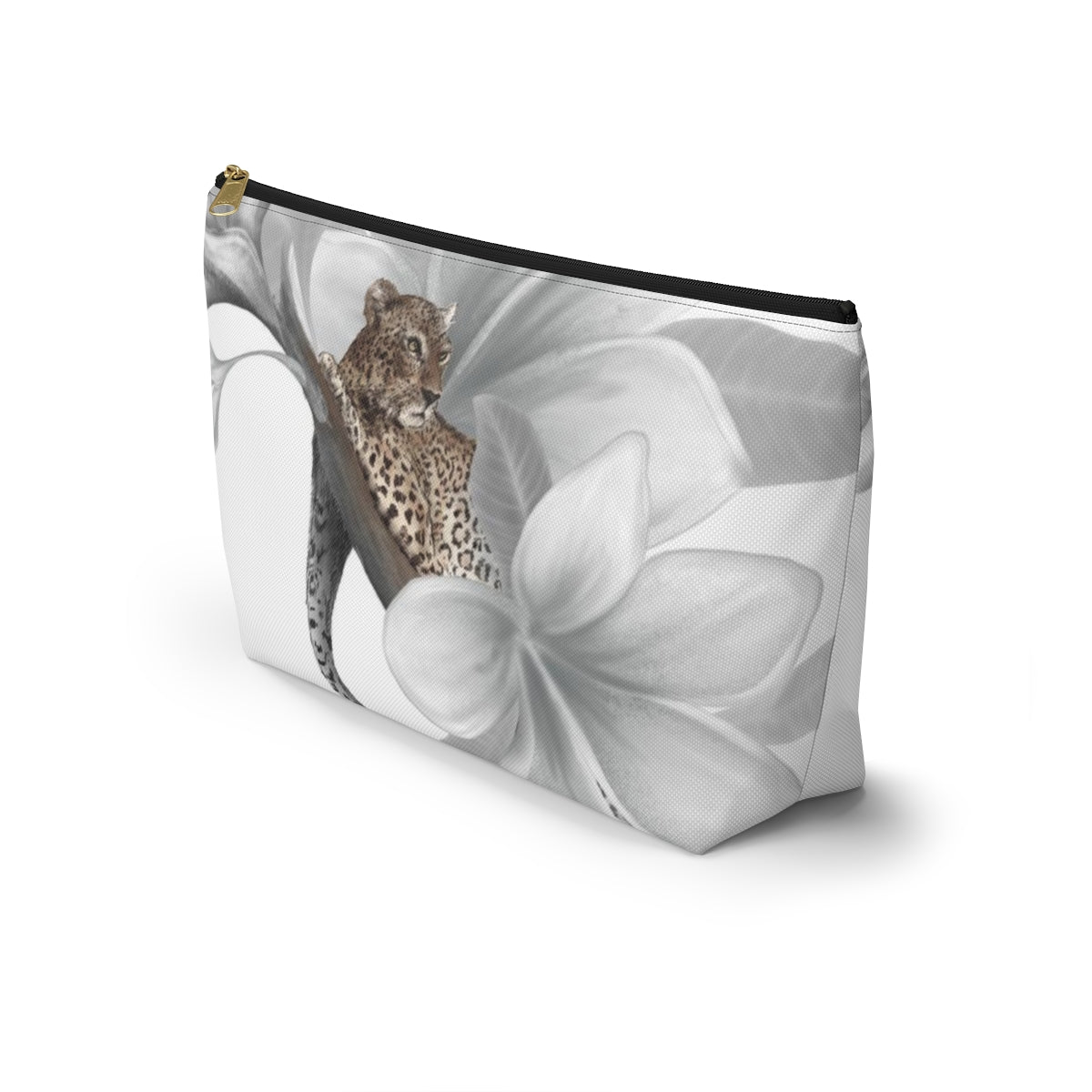 Leopard Cosmetic Pouch w T-bottom, Accessory Pouch - Leopard White Plumeria