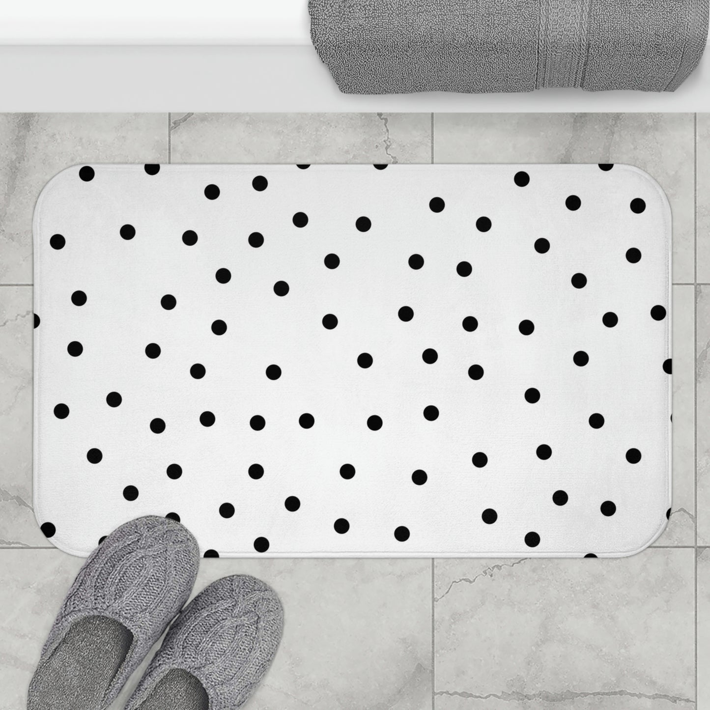 Personalized Polka Dot Bath Mat - Fashion Inspired Floor Mat - Black & White Bathroom Shower Mat