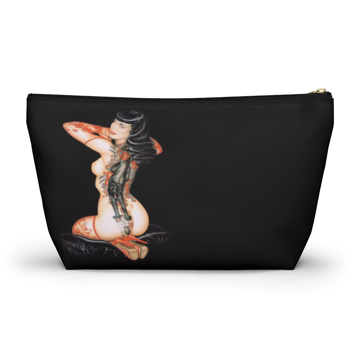 Pinup Girl Cosmetic Pouch w T-bottom, Accessory Pouch - Femme Forever Black Cat Tattoo Pinup Girl