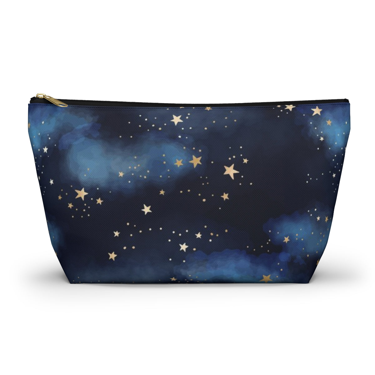 Personalized Starry Night Cosmetic Pouch w T-bottom, Accessory Pouch - Midnight Blue Clouds Gold Stars