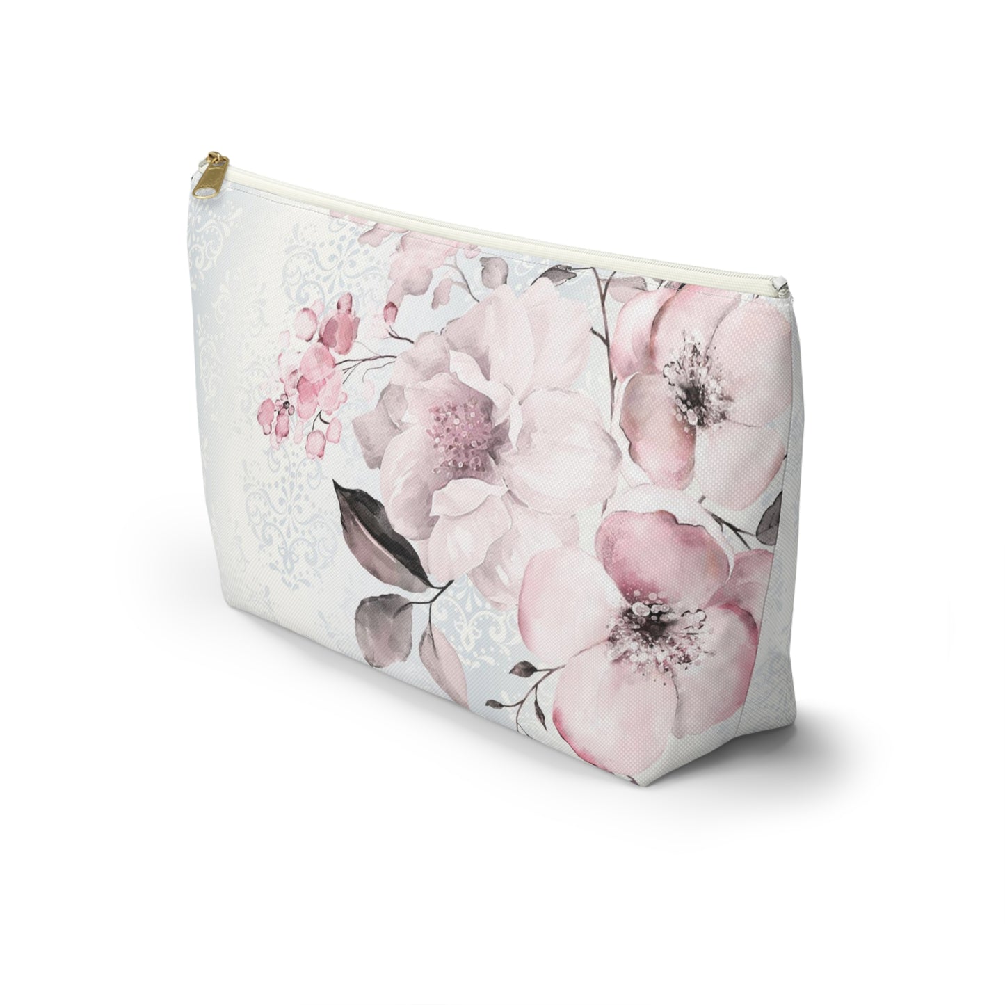 Personalized Pink Flower Damask - Cosmetic Pouch w T-bottom, Accessory Pouch