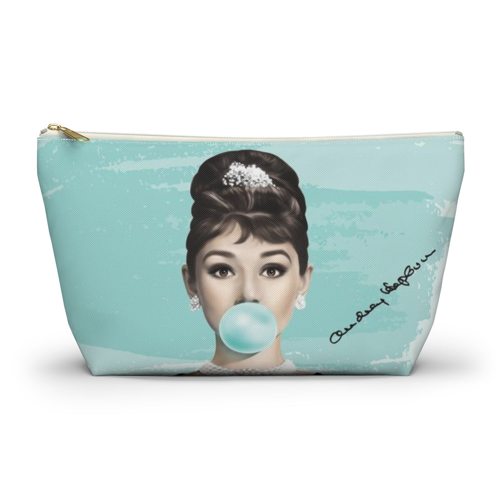 Audrey Hepburn Cosmetic Pouch w T-bottom, Accessory Pouch, Blue Green Signature