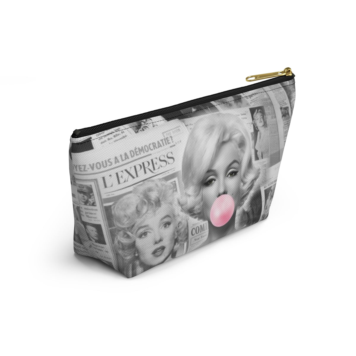 Marilyn Monroe Cosmetic Pouch w T-bottom, Accessory Pouch - Marilyn Bubblegum Pink International News Makeup Bag