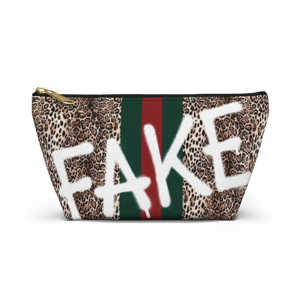 FAKE Fashion Cosmetic Pouch w T-bottom, Accessory Pouch, Leopard Red Green Stripe