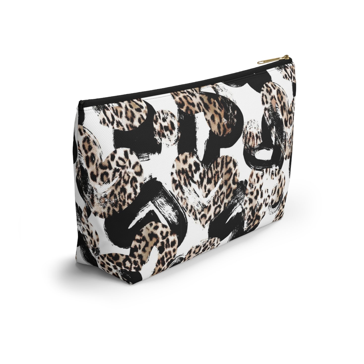 Personalized Leopard Hearts Cosmetic Pouch w T-bottom, Accessory Pouch