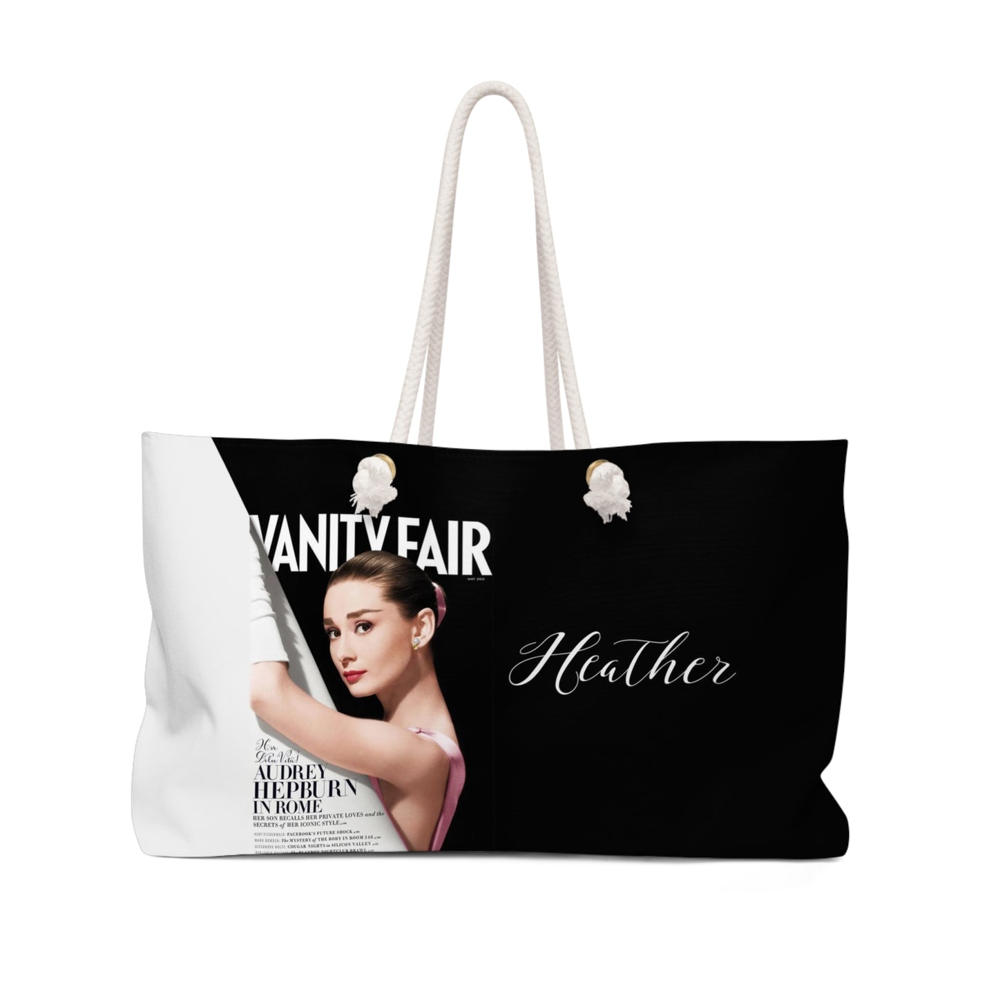 Personalized Audrey Hepburn Tote Bag - Weekender Bag, Rope Tote, Audrey Hepburn Vanity Fair Color Block Bag