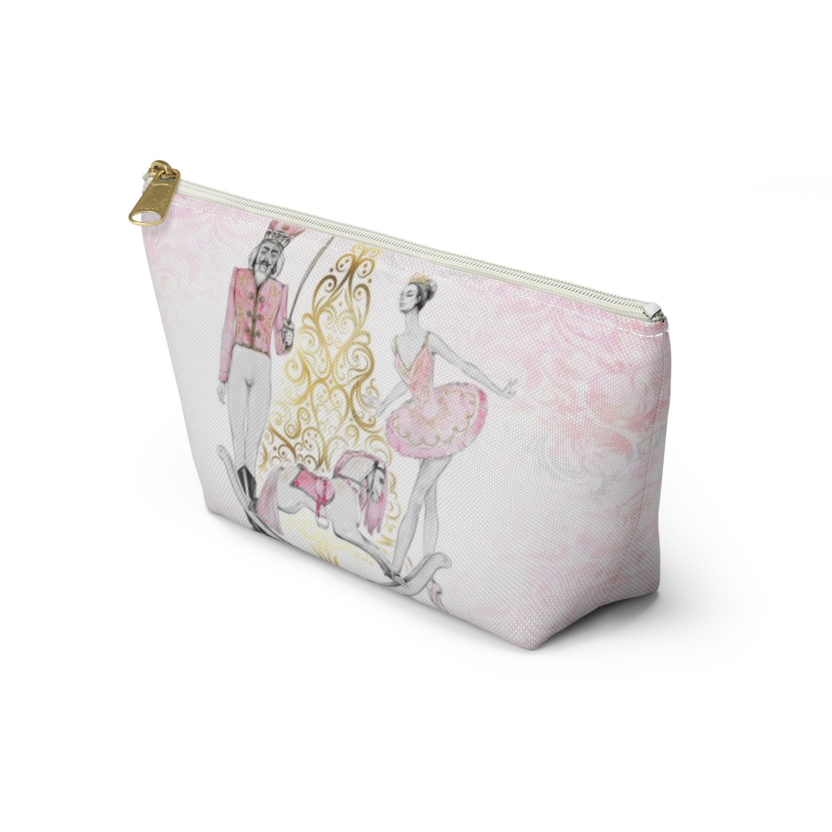 Personalized Nutcracker Ballet Cosmetic Pouch w T-bottom, Accessory Pouch, Pink and Gold