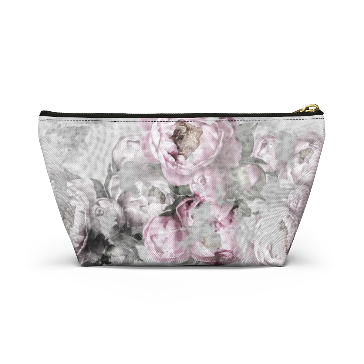 Peony Cosmetic Pouch w T-bottom, Accessory Pouch, Antiqued Pink and Grey