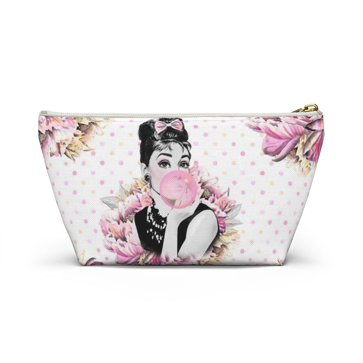 Audrey Hepburn Bubblegum Cosmetic Pouch w T-bottom, Accessory Pouch, Pink Polka Dot