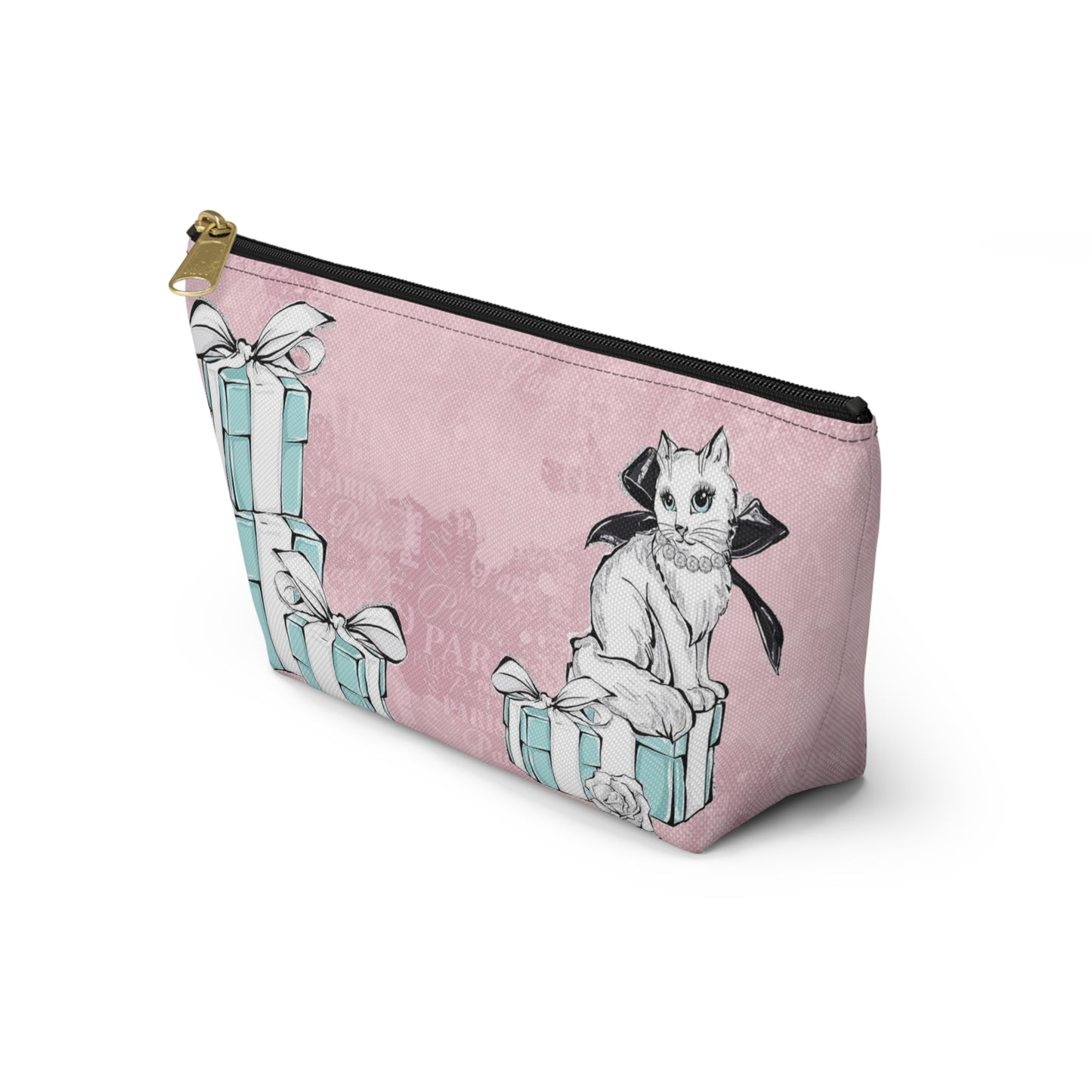 Personalized Kitty Cat Cosmetic Pouch w T-bottom, Accessory Pouch, Cat Lovers Little Blue Gift Box - Paris Pink