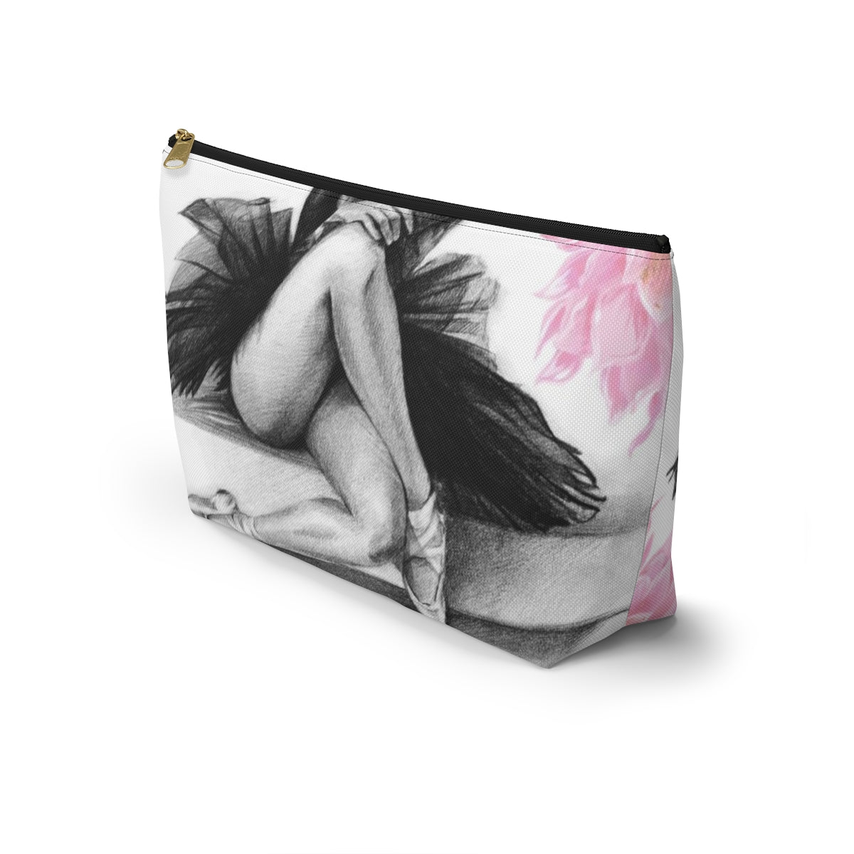 Ballet Cosmetic Pouch w T-bottom, Accessory Pouch, Pink Flowers