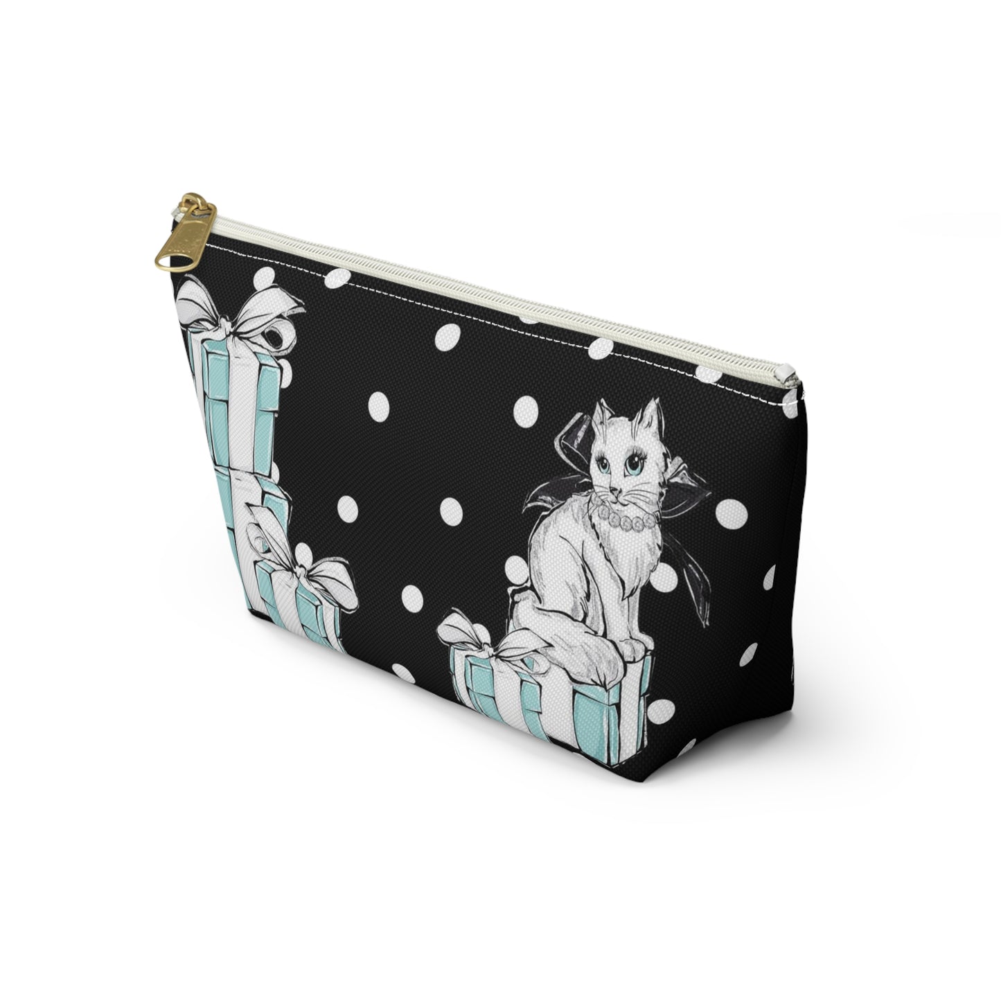 Personalized Kitty Cat Cosmetic Pouch w T-bottom, Accessory Pouch, Cats Polka Dot Breakfast at Tiffany - Black