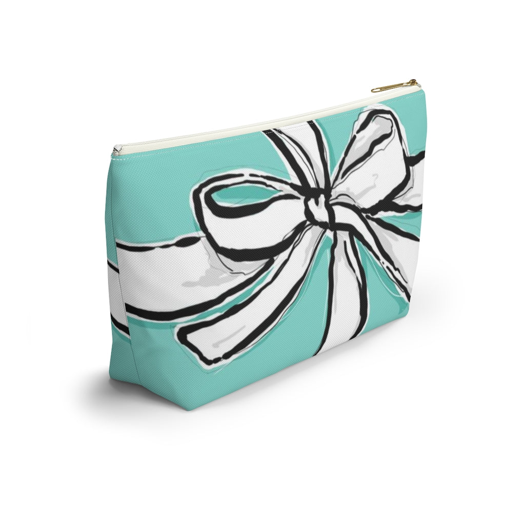 Blue Green Bow Cosmetic Pouch w T-bottom, Accessory Pouch, Breakfast at Tiffany