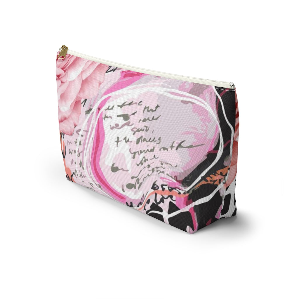 Abstract Rose Cosmetic Pouch w T-bottom, Accessory Pouch, Pink and Orange