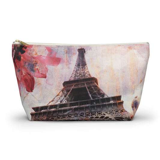 Eiffel Tower Cosmetic Pouch w T-bottom, Accessory Pouch - Paris Abstract Flower