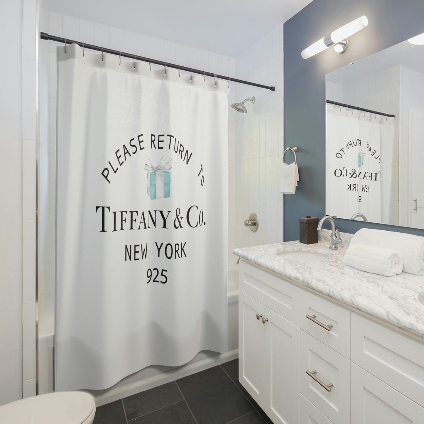 Personalized Please Return to Me Shower Curtain - Your Name & Co. - Breakfast at Tiffany Inspired Bath Curtain