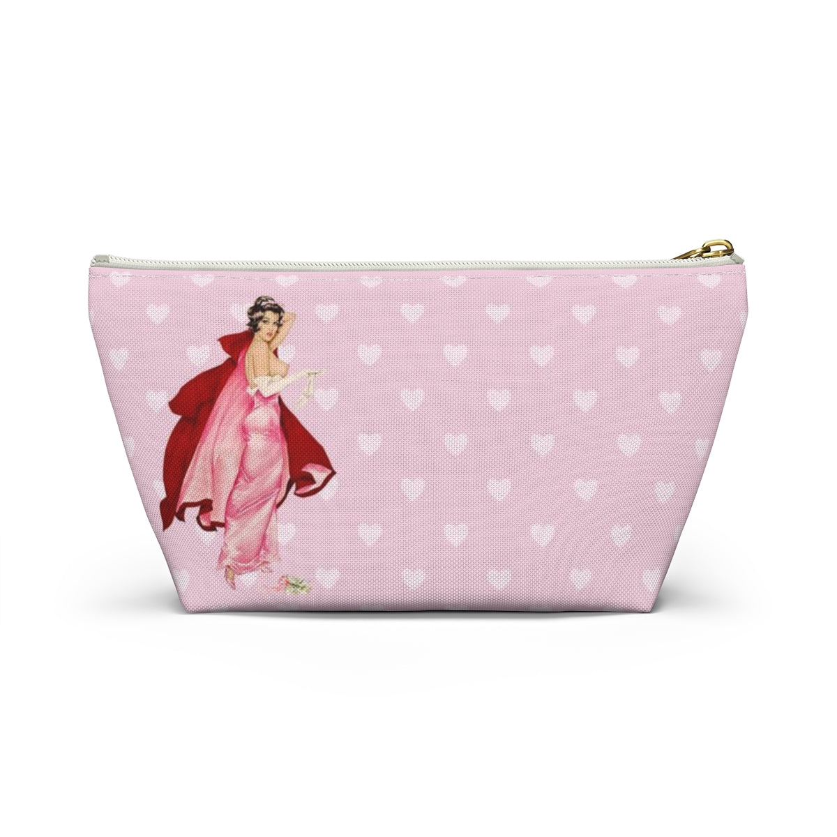 Personalized Pink Pinup Girl Cosmetic Pouch w T-bottom, Accessory Pouch - Red Riding Hood XOXO