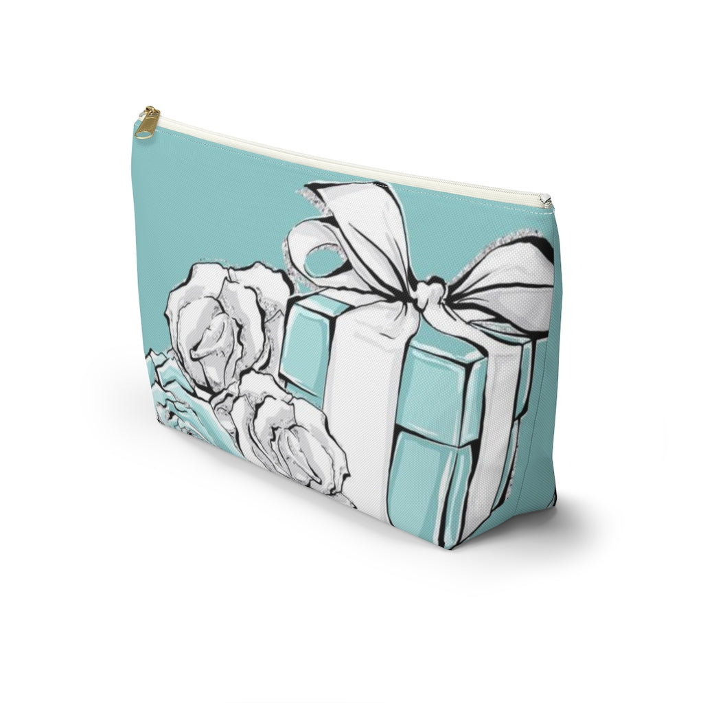 Little Blue Box Cosmetic Pouch w T-bottom, Accessory Pouch, Blue Green Rose Jewelry Box