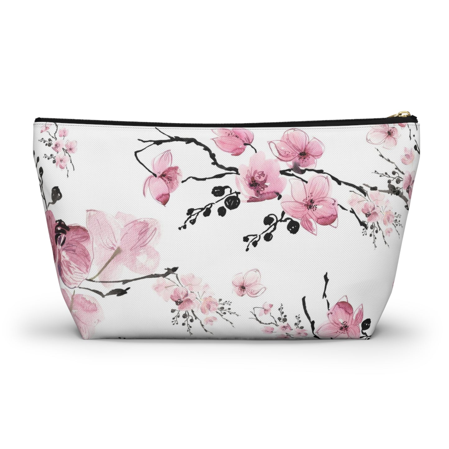 Sakura Cosmetic Pouch w T-bottom, Accessory Pouch - Pink Watercolor Cherry Blossom Makeup Bag