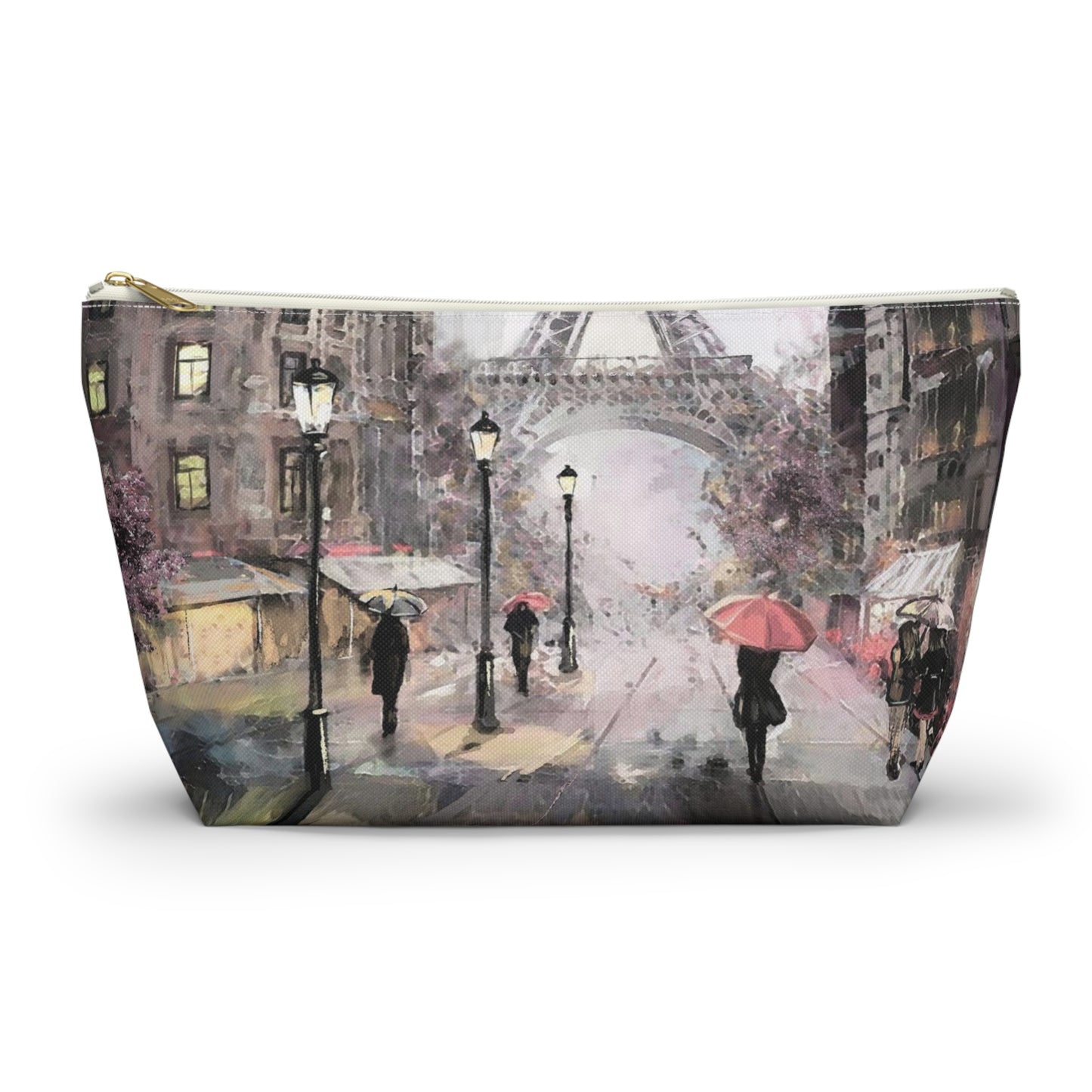 Eiffel Tower Cosmetic Pouch w T-bottom, Accessory Pouch - Pastel Rain in Paris