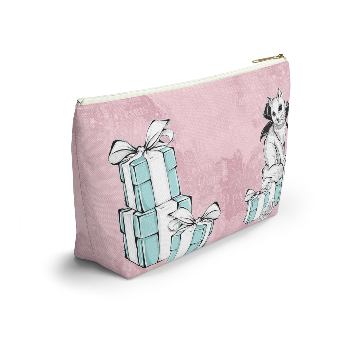 Personalized Kitty Cat Cosmetic Pouch w T-bottom, Accessory Pouch, Cat Lovers Little Blue Gift Box - Paris Pink