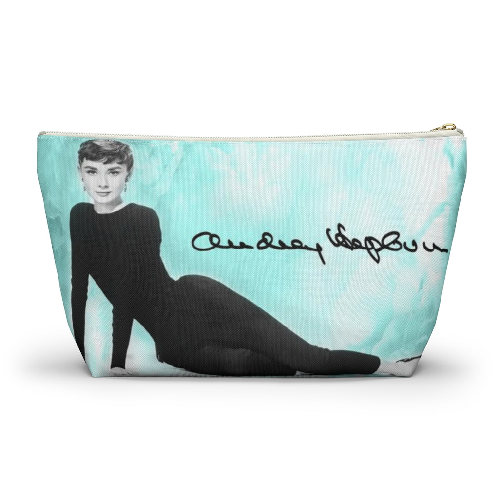 Audrey Hepburn Signature Cosmetic Pouch w T-bottom, Accessory Pouch, Blue Green