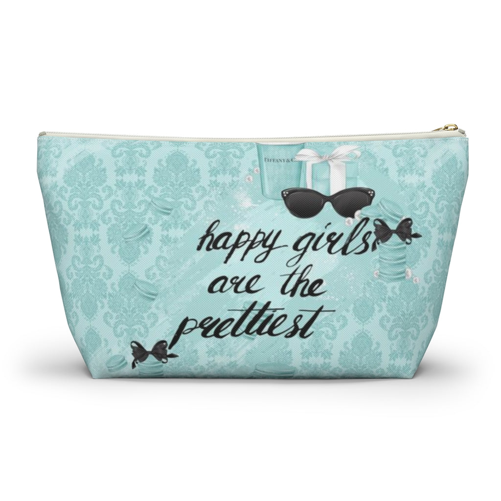 Happy Girls are the Prettiest Cosmetic Pouch w T-bottom, Accessory Pouch, Breakfast at Tiffany