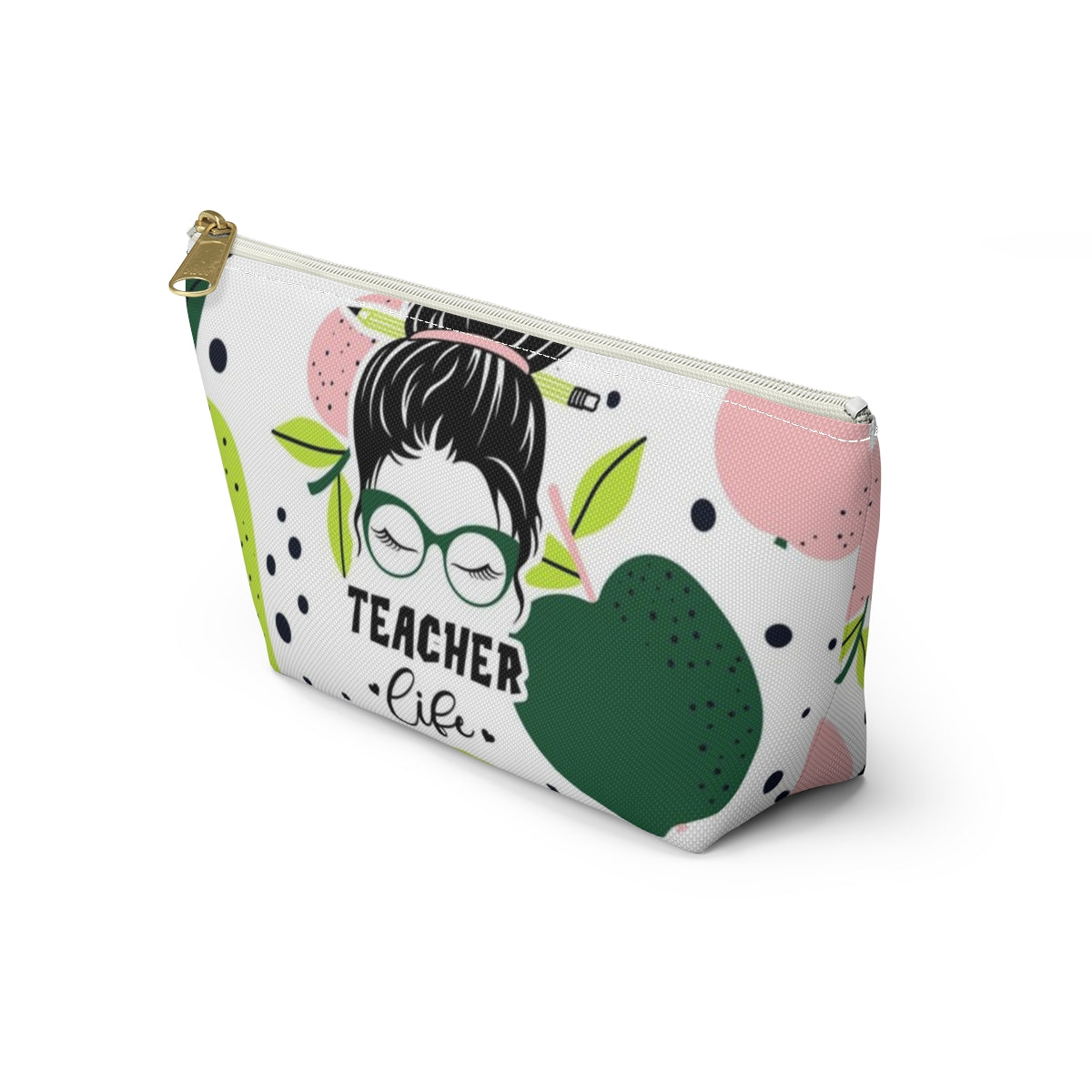 Teacher Life Cosmetic Pouch w T-bottom, Accessory Pouch, Pink and Green Apple Dot