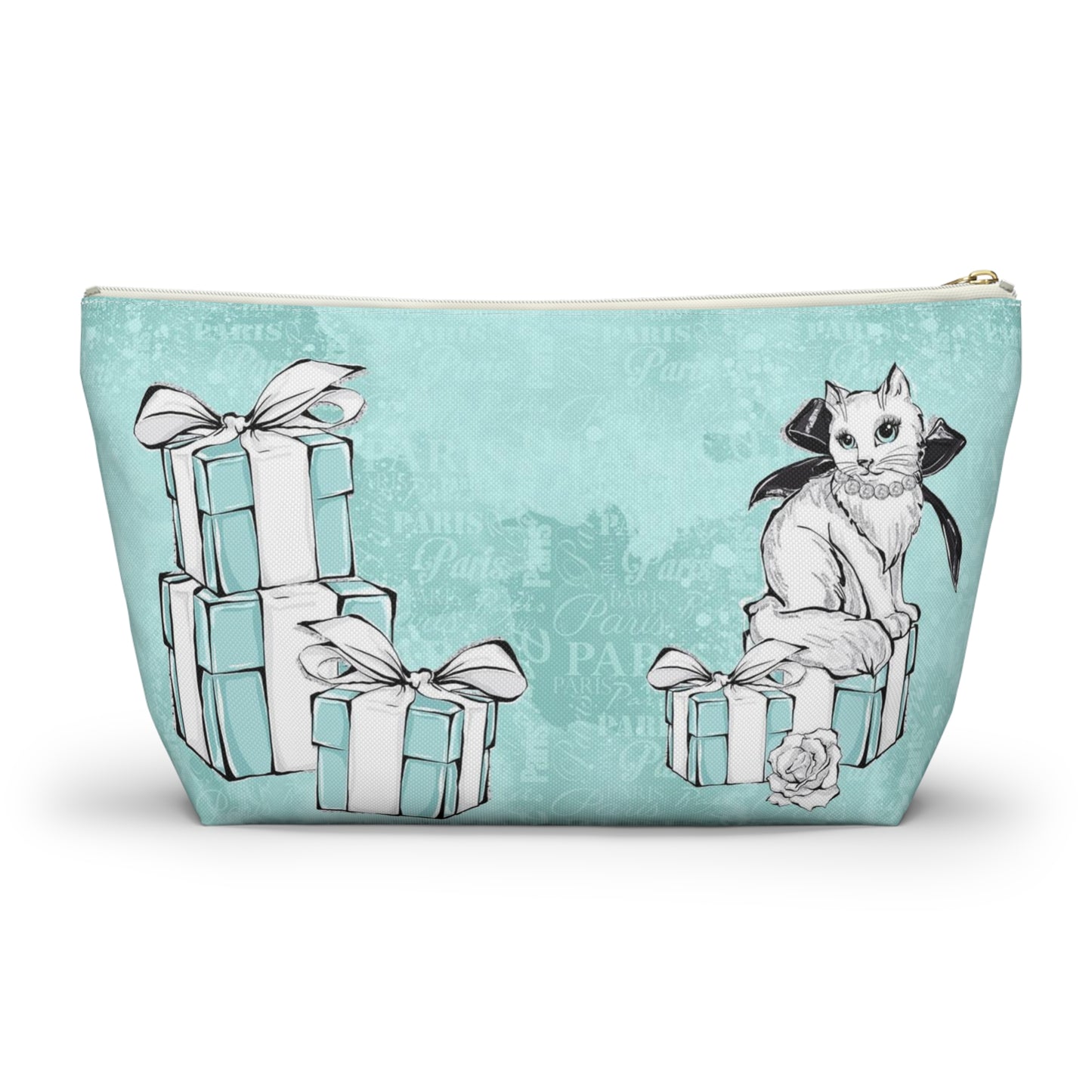 Personalized Kitty Cat Cosmetic Pouch w T-bottom, Accessory Pouch, Cat Lovers Little Blue Gift Box - Paris Blue