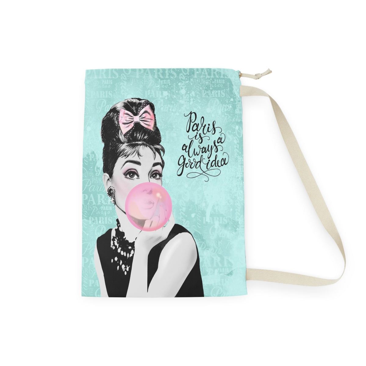 Audrey Hepburn Pink Bubblegum Sack, Laundry Sack, Santa Sack, Dust Bag, Gift Sack - Paris Blue