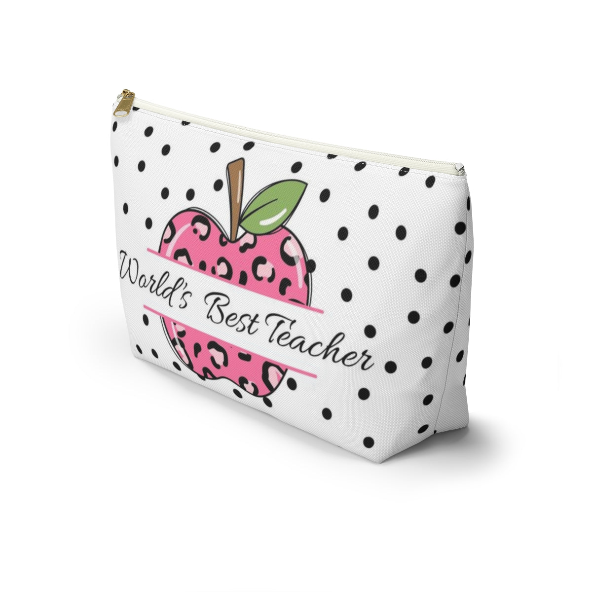 Personalized World's Best Teacher Cosmetic Pouch w T-bottom, Accessory Pouch, Pink Leopard Apple Dot