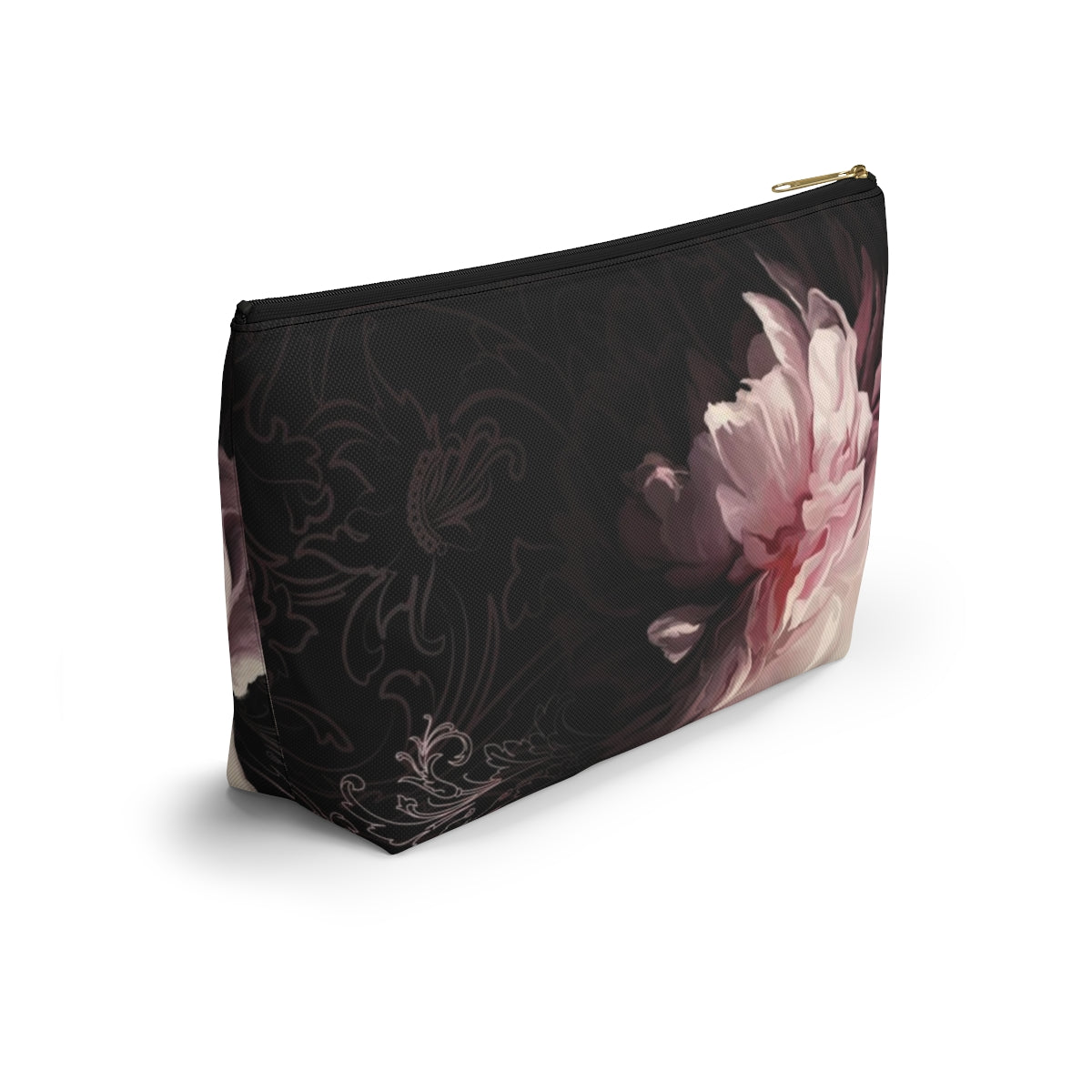 Peony Cosmetic Pouch w T-bottom, Accessory Pouch, Pink Scroll