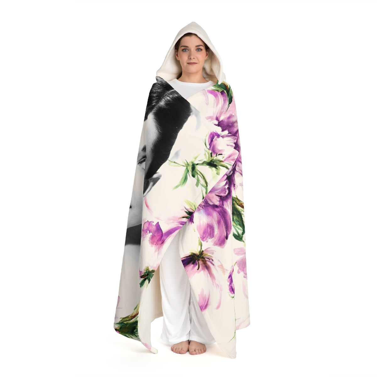 Audrey Hepburn Hooded Sherpa Fleece Blanket, Hooded Shrug - Purple Flower