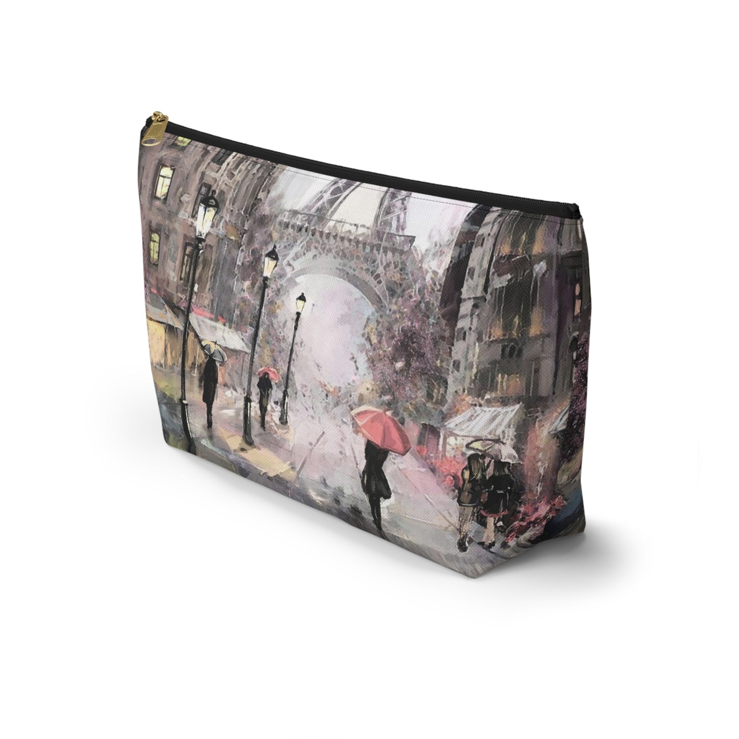 Eiffel Tower Cosmetic Pouch w T-bottom, Accessory Pouch - Pastel Rain in Paris