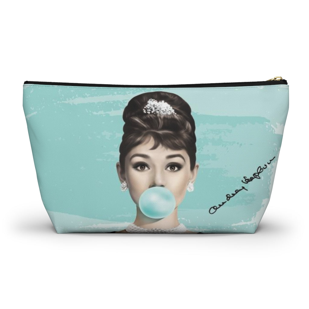 Audrey Hepburn Cosmetic Pouch w T-bottom, Accessory Pouch, Blue Green Signature