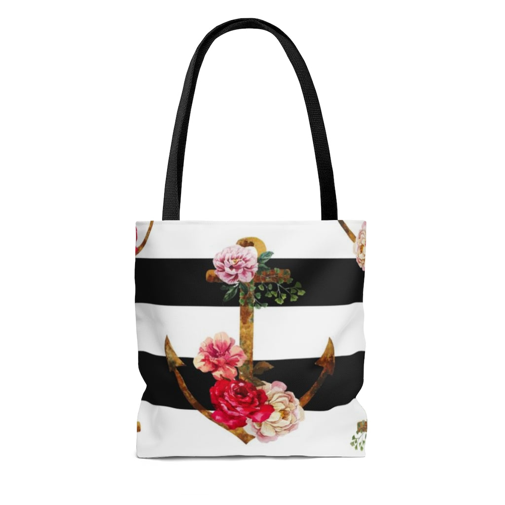 Anchor Stripe Nautical Flower Tote Bag