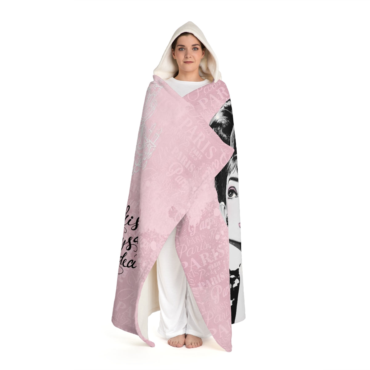 Audrey Hepburn Hooded Sherpa Fleece Blanket, Hooded Shrug - Pink Paris is Always a Good Idea Chandelier Wrap