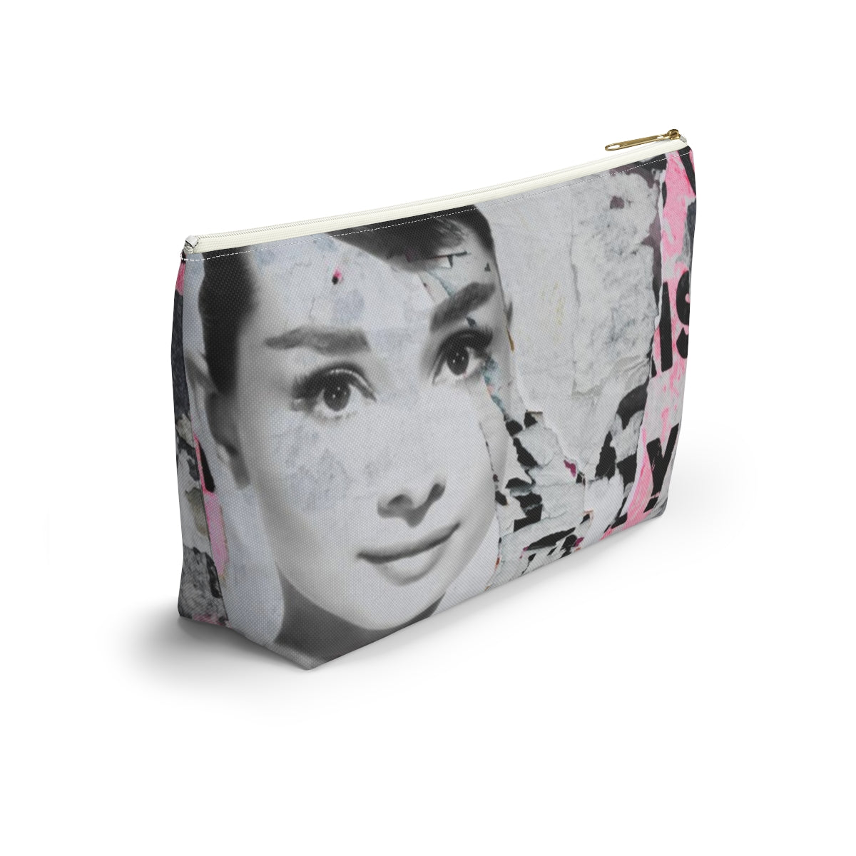 Audrey Hepburn Cosmetic Pouch w T-bottom, Accessory Pouch, Distressed Poster