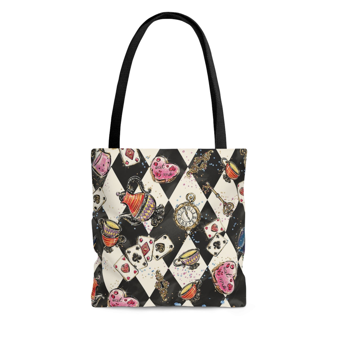 Alice in Wonderland Square Tote Bag, Utility Tote - Black Harlequin