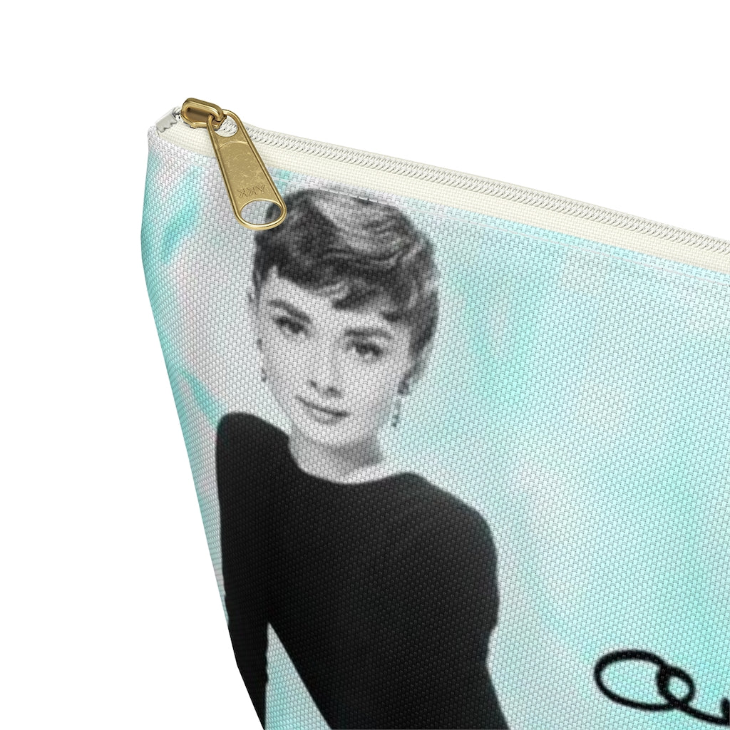 Audrey Hepburn Signature Cosmetic Pouch w T-bottom, Accessory Pouch, Blue Green