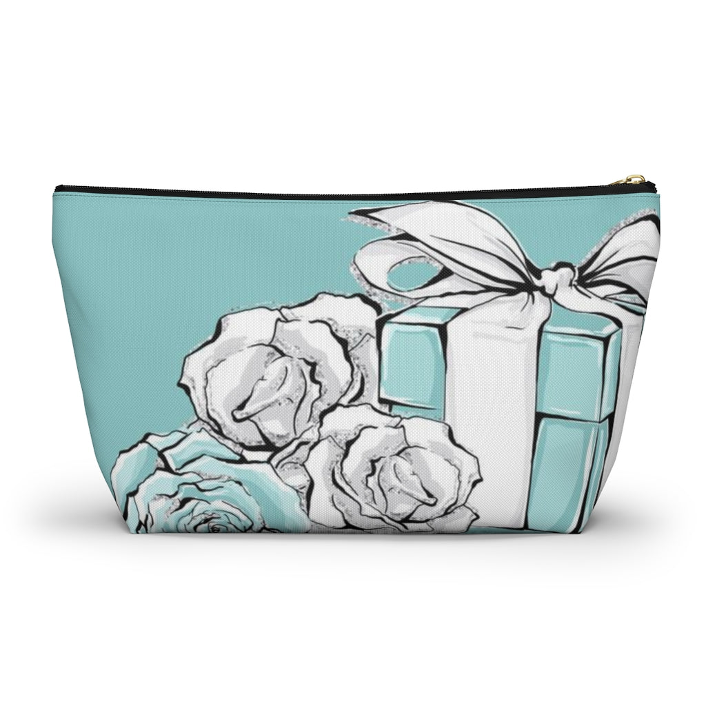 Little Blue Box Cosmetic Pouch w T-bottom, Accessory Pouch, Blue Green Rose Jewelry Box