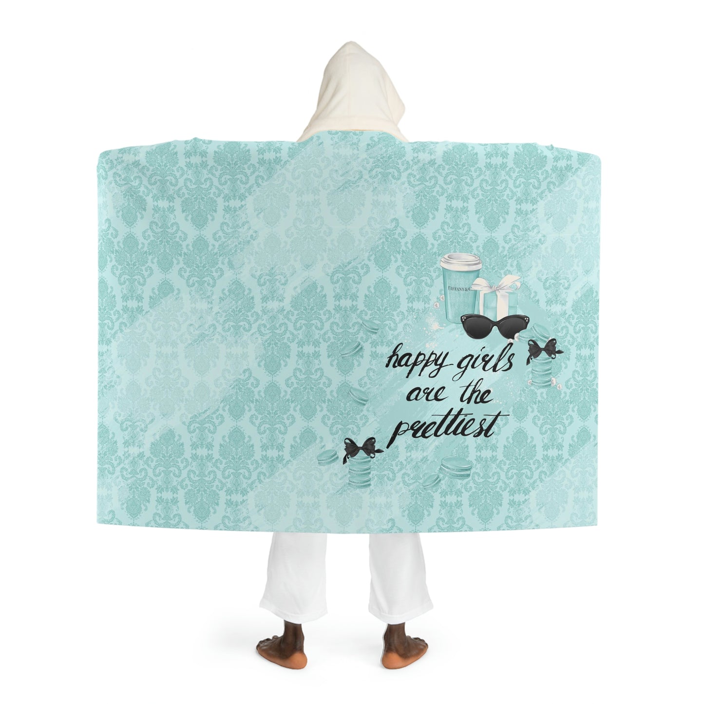 Happy Girls are the Prettiest Blanket with Hood, Sherpa Fleece with Hood, Hooded Shrug, Hooded Blanket - Blue Green Breakfast at Tiffany