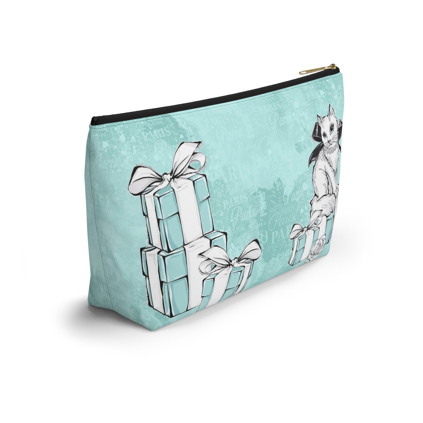 Personalized Kitty Cat Cosmetic Pouch w T-bottom, Accessory Pouch, Cat Lovers Little Blue Gift Box - Paris Blue