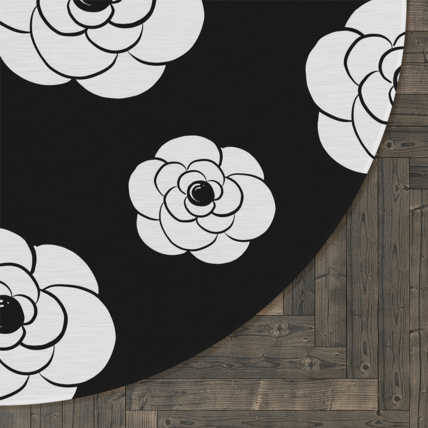 Black and White Camellia Flower Round Chenille Floor Mat - 60 Inch Custom Logo Round Rug - Custom and Personalized Black Noir Designer Rug