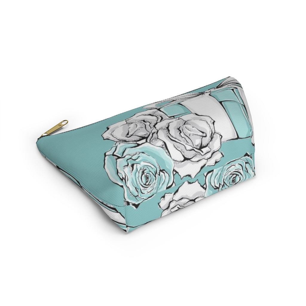 Little Blue Box Cosmetic Pouch w T-bottom, Accessory Pouch, Blue Green Rose Jewelry Box