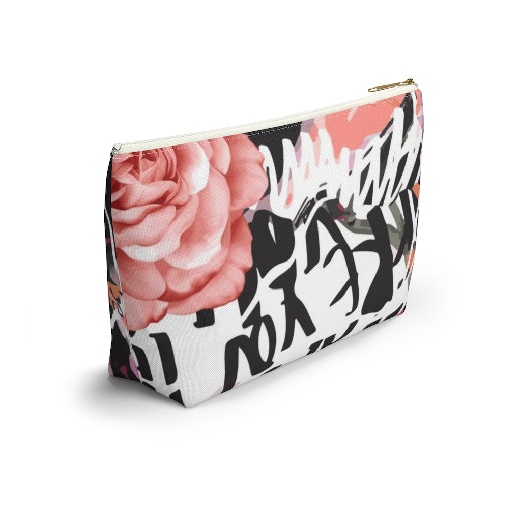 Abstract Rose Cosmetic Pouch w T-bottom, Accessory Pouch, Pink and Orange