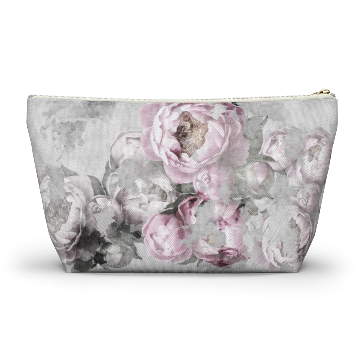 Peony Cosmetic Pouch w T-bottom, Accessory Pouch, Antiqued Pink and Grey