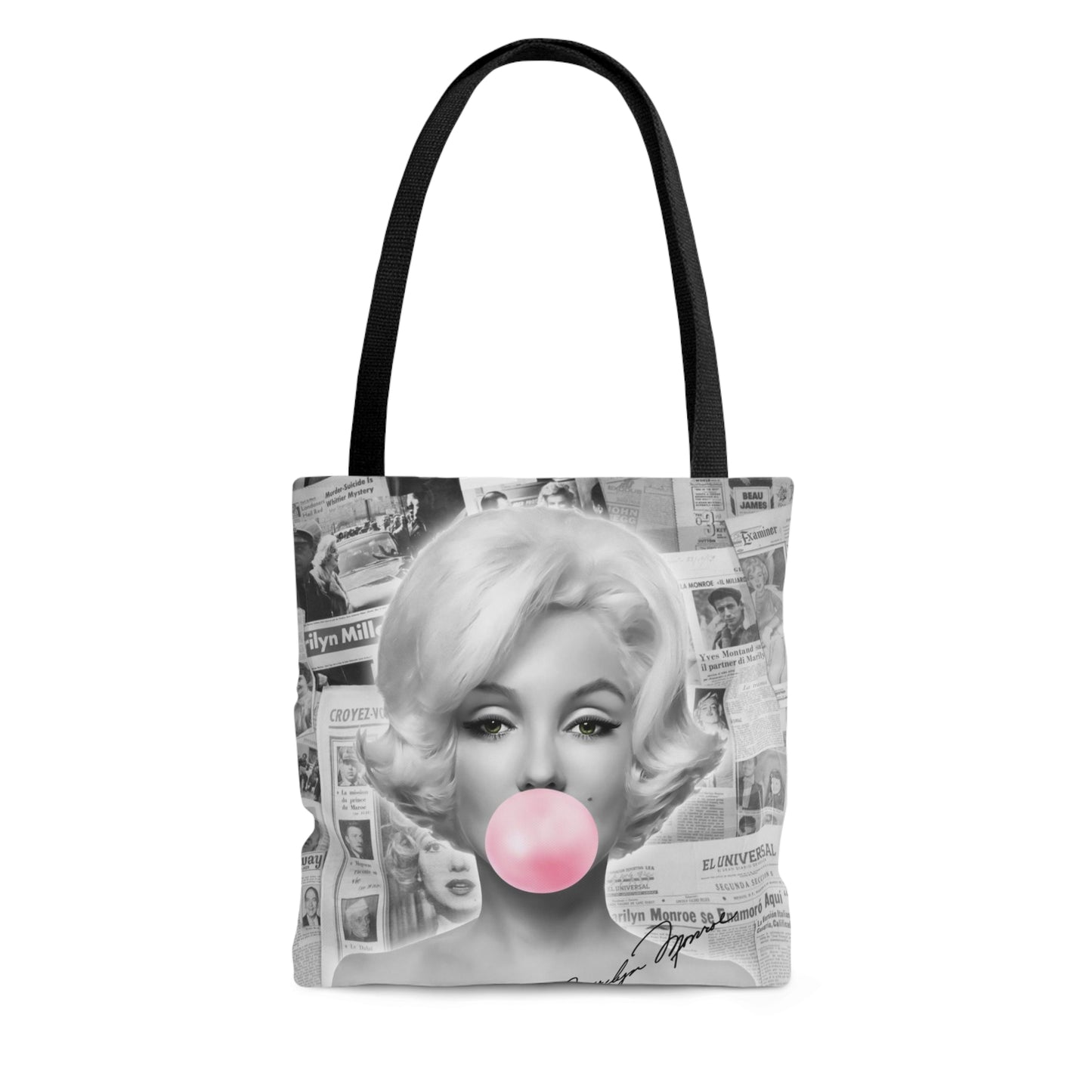 Marilyn Monroe Canvas Tote Bag, Basic Square Tote - Marilyn Monroe Bubblegum News Print Autograph Tote