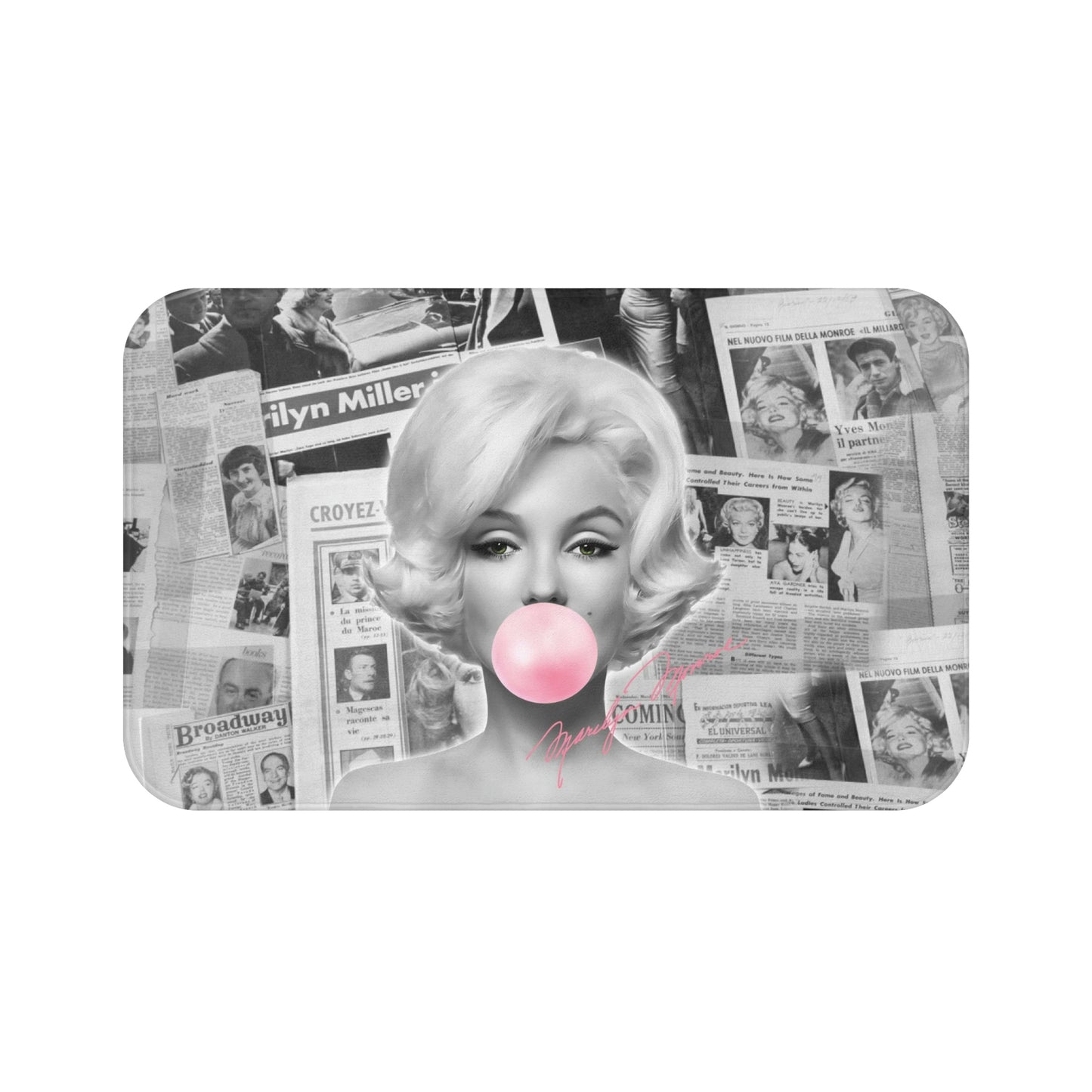 Marilyn Monroe Bath Mat - Black and White Vintage News Print - Marilyn Monroe Bubblegum Pink Autograph Bath Rug