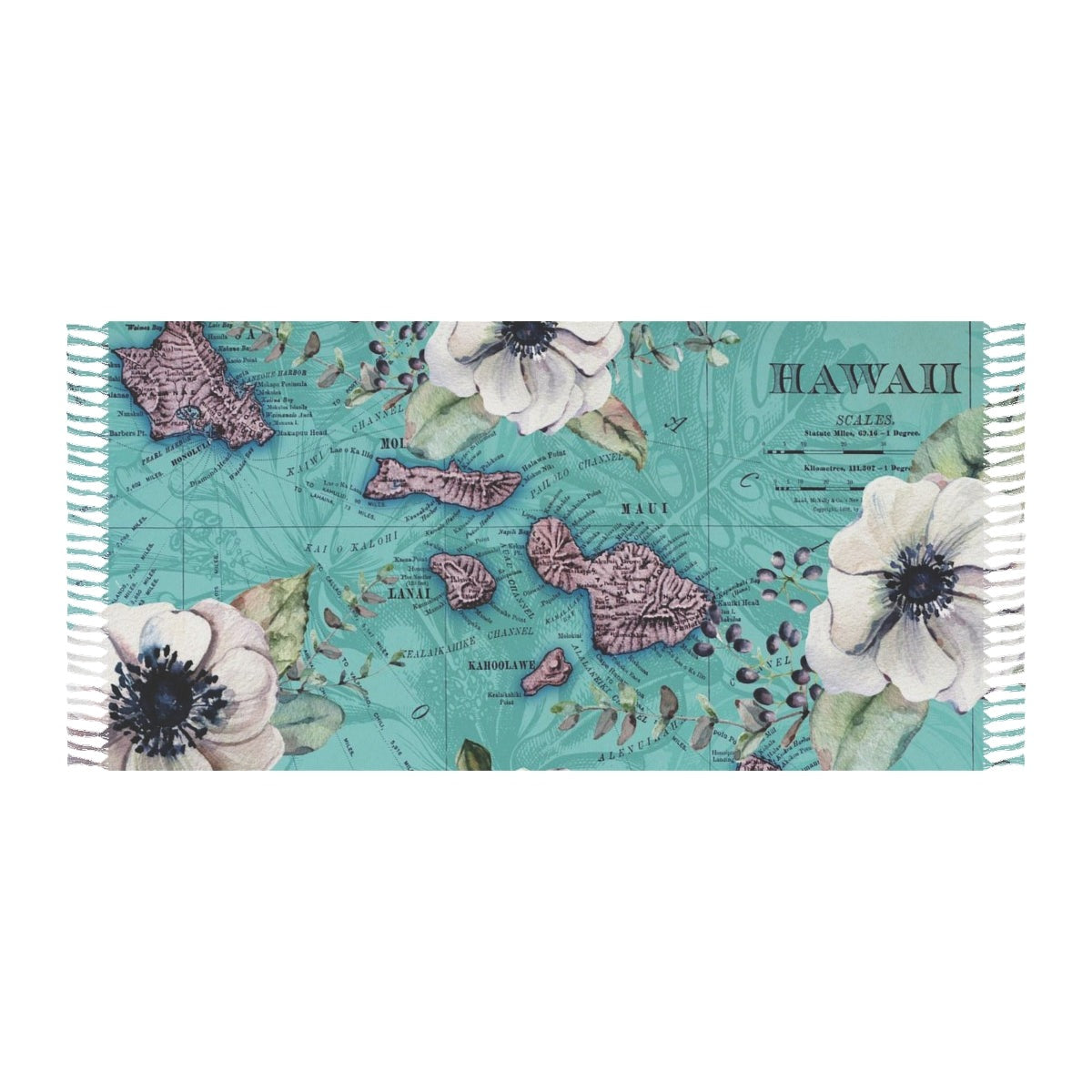 Map of Hawaii Boho Beach Cloth with Fringe - Blue Green Floral